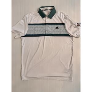 Adidas Golf Mens Large Polo Shirt White Tech Emerald Chest Print Short Sleeve